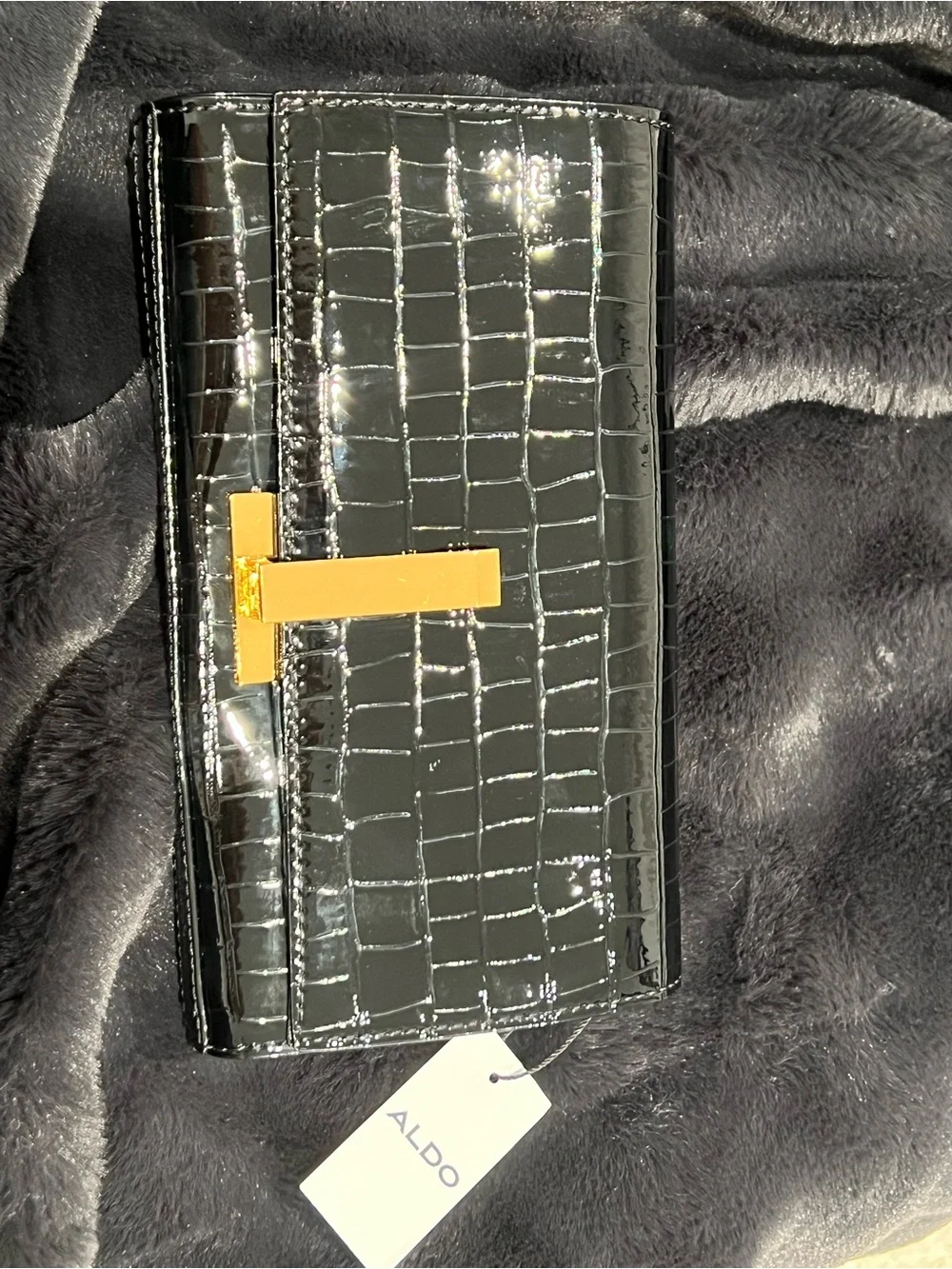 Aldo Black Croc-Embossed Patent Clutch Wallet with Gold Accent
